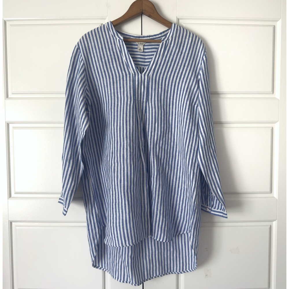 LL Bean Linen Popover Tunic Top Women L Blue Striped Coastal Nautical Beach